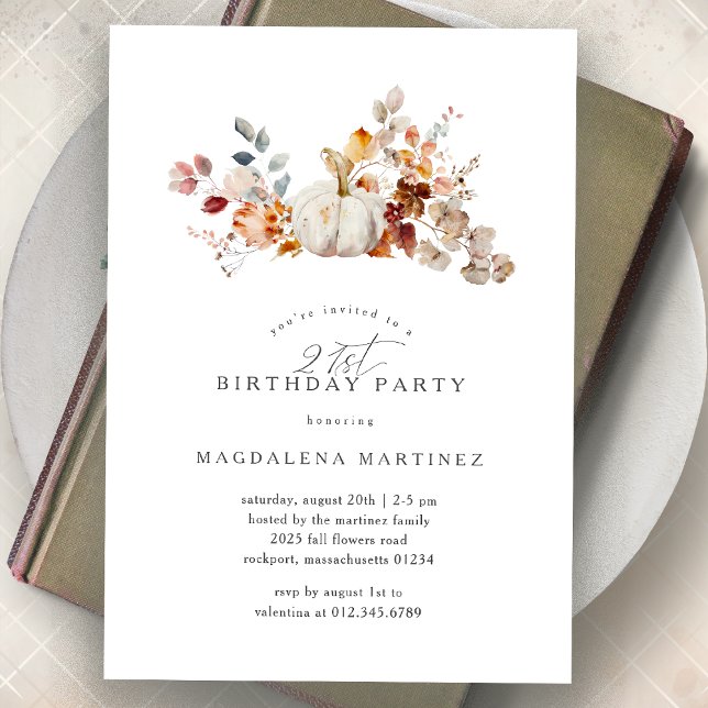 21st Birthday Party White Pumpkin Fall Flowers  Invitation (Creator Uploaded)
