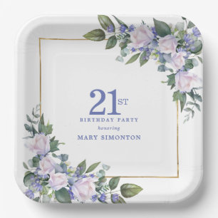 21st Birthday Party White Rose Blue Floral Custom Paper Plate