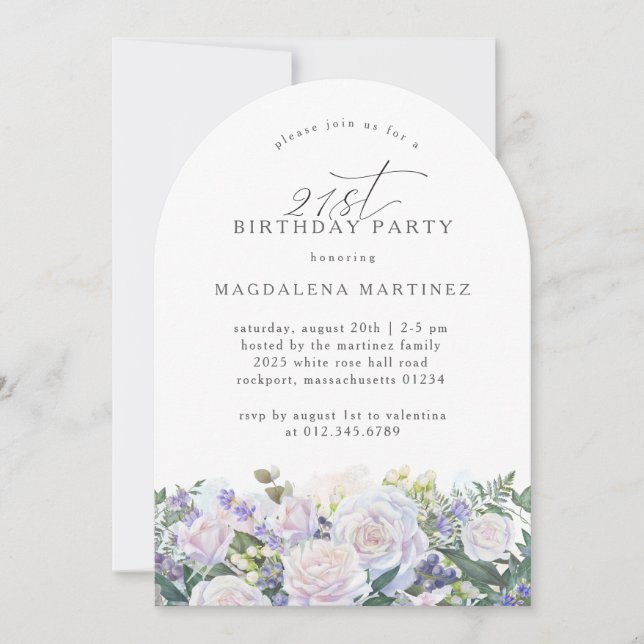 21st Birthday Party White Rose Blue Floral Invitation (Front)