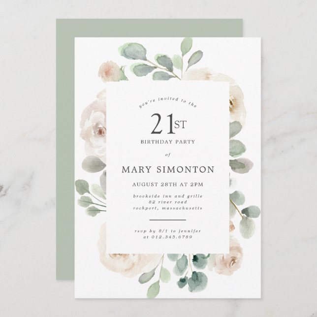 21st Birthday Party White Rose Floral Invitation (Front/Back)
