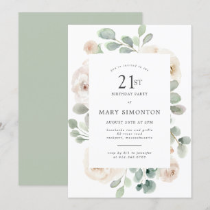 21st Birthday Party White Rose Floral Invitation