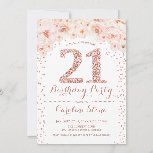 21st Birthday Party - White Rose Gold Invitation (Front)