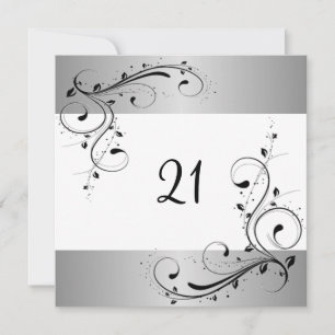 21st Birthday Party White Silver Black Floral Invitation