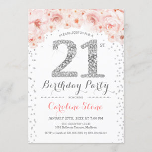 21st Birthday Party - White Silver Pink Invitation