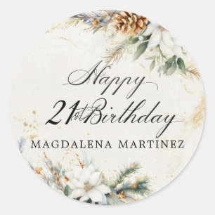 21st Birthday Party White Winter Floral Custom Classic Round Sticker