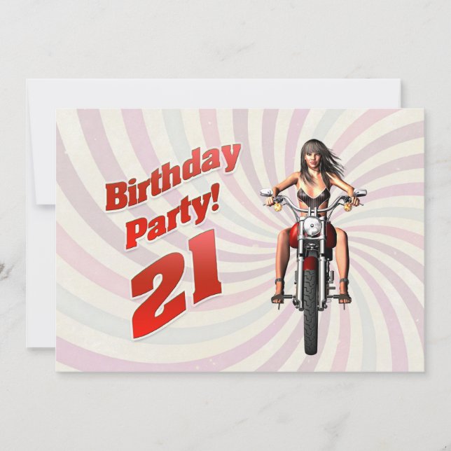 21st birthday party with a girl on a motorbike invitation (Front)