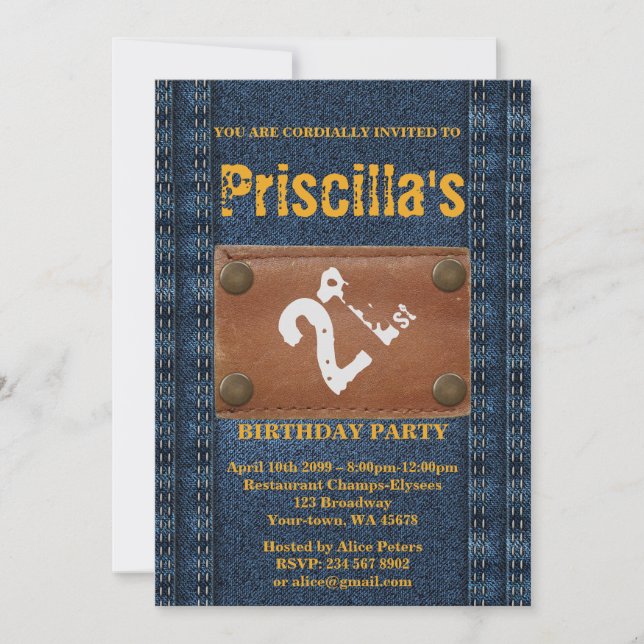 21st Birthday Party Woman, Any age, Denim style Invitation (Front)