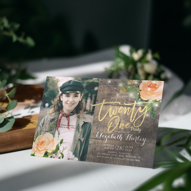 21st Birthday Party Wood Floral String Light Photo Invitation (Creator Uploaded)