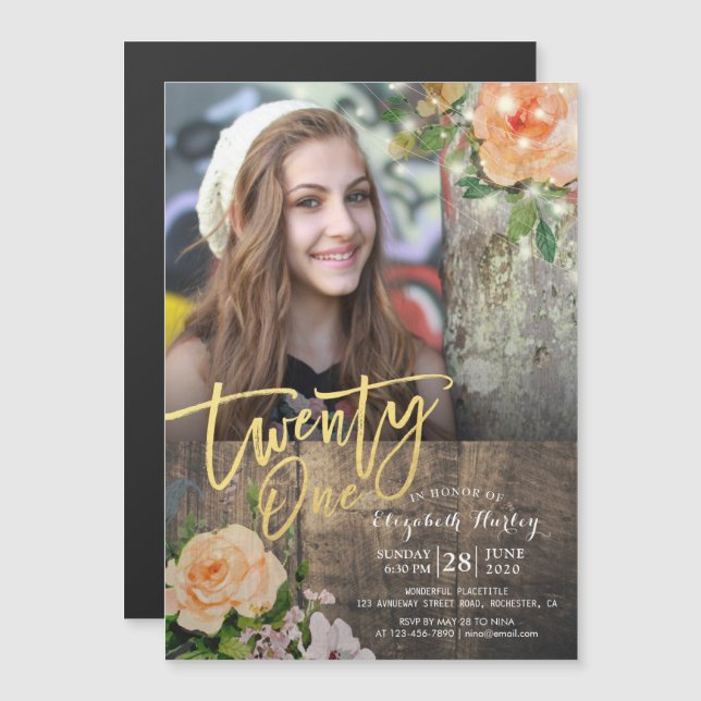 21st Birthday Party Wood Floral String Light Photo Magnetic Invitation (Front/Back)