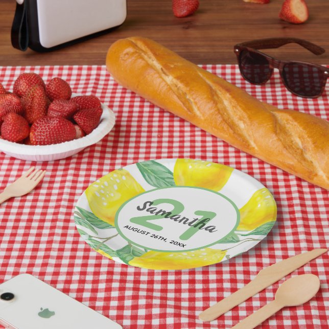 21st birthday party yellow lemons name paper plate (Picnic)