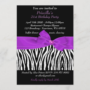 21st Birthday Party, Zebra, black purple white Invitation