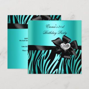 21st Birthday Party Zebra Silver Teal Blue Black Invitation