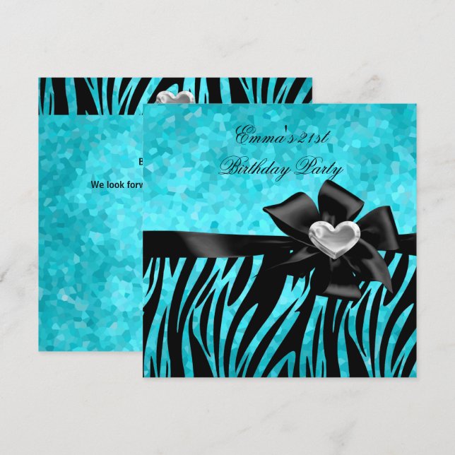 21st Birthday Party Zebra Silver Teal Blue Black Invitation (Front/Back)