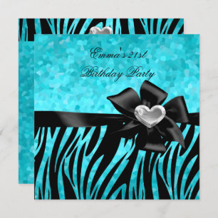 21st Birthday Party Zebra Silver Teal Blue Black Invitation
