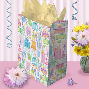21st Birthday Pastel Pink Cake Presents Balloons Medium Gift Bag