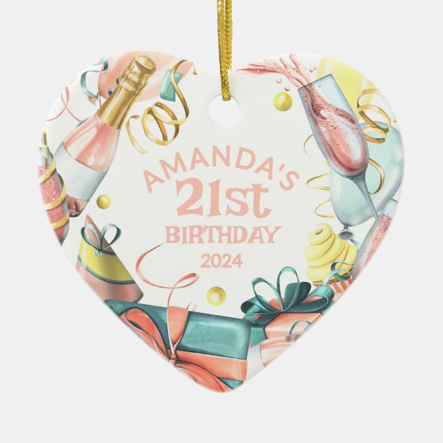 21st Birthday Personalised Name Year Girl Heart Ceramic Tree Decoration (Front)