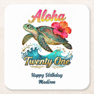 21st Birthday Personalised Tropical Ocean Theme Square Paper Coaster