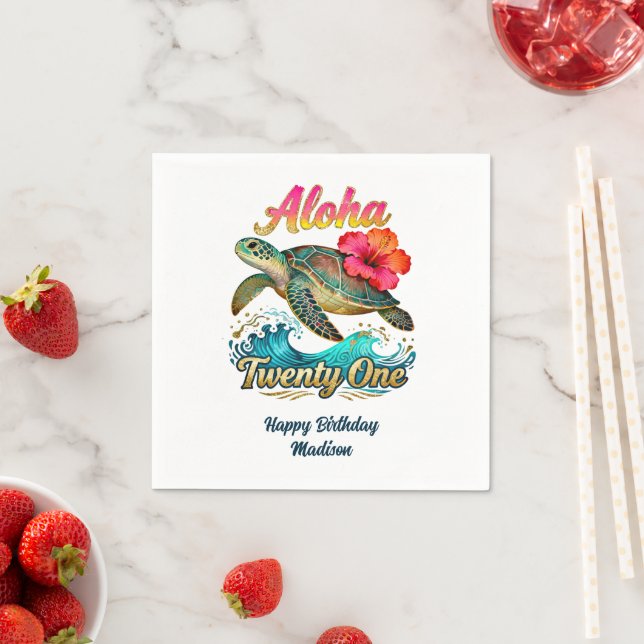  21st Birthday Personalized Tropical Sea Turtle  Napkin (Insitu)
