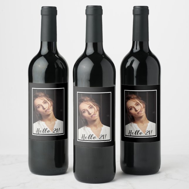21st birthday photo black white wine label (Bottles)