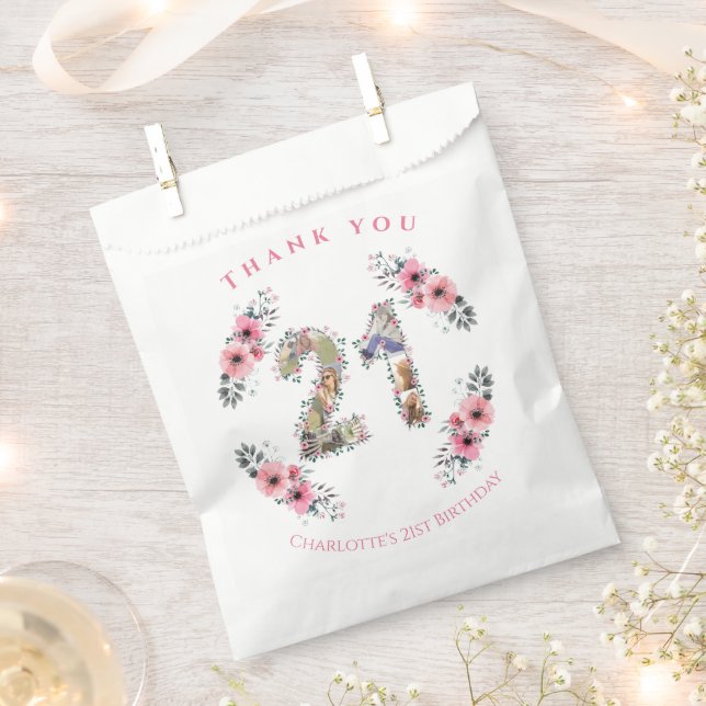 21st Birthday Photo Collage Pink Flower Girl White Favour Bags (Clipped)