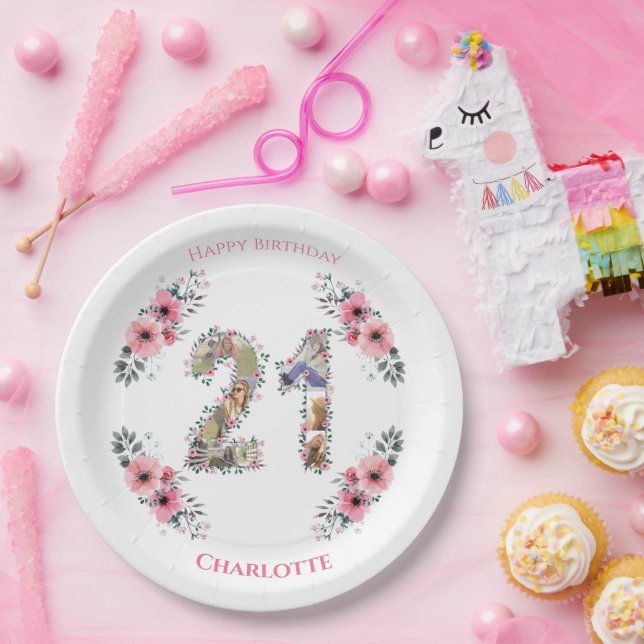 21st Birthday Photo Collage Pink Flower Girl White Paper Plate (Party)