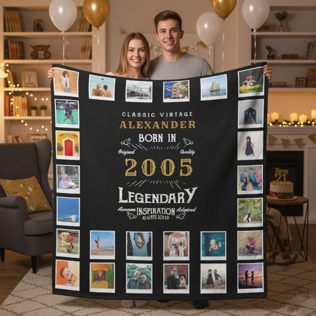21st Birthday Photo Collage Son Or Husband Fleece Blanket (2005 fleece photo blanket held up by a couple in a room.)