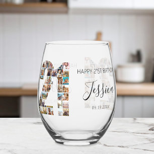 21st Birthday Photo Collage Stemless Wine Glass
