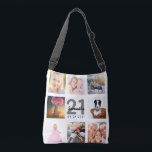 21st birthday photo collage woman white crossbody bag<br><div class="desc">A unique gift for a young woman's 21st birthday, celebrating her life with a collage of 8 of your own photos, pictures. Personalise and add her name, age 21 and a date. A chic white background. Grey and black letters and numbers. The name is written with a modern hand lettered...</div>