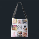 21st birthday photo collage woman white crossbody bag<br><div class="desc">A unique gift for a young woman's 21st birthday, celebrating her life with a collage of 8 of your own photos, pictures. Personalise and add her name, age 21 and a date. A chic white background. Grey and black letters and numbers. The name is written with a modern hand lettered...</div>