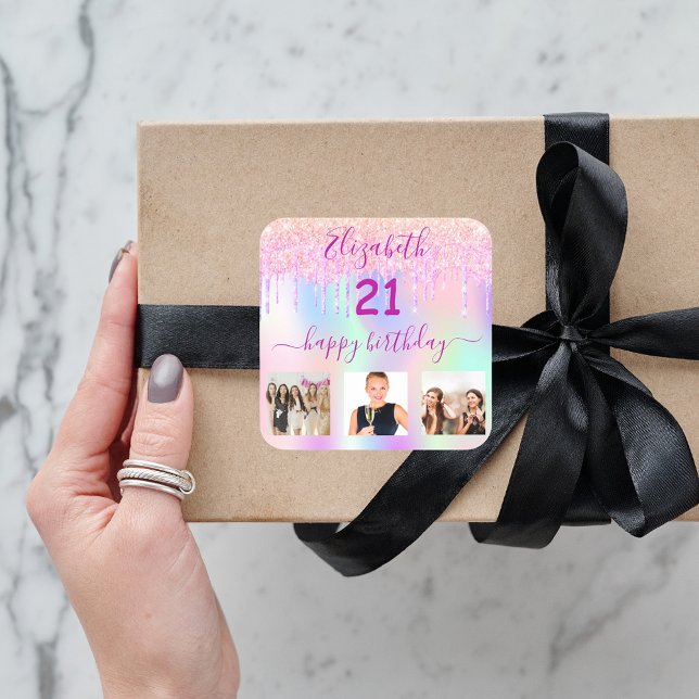21st birthday photo glitter rainbow holographic square sticker (Creator Uploaded)