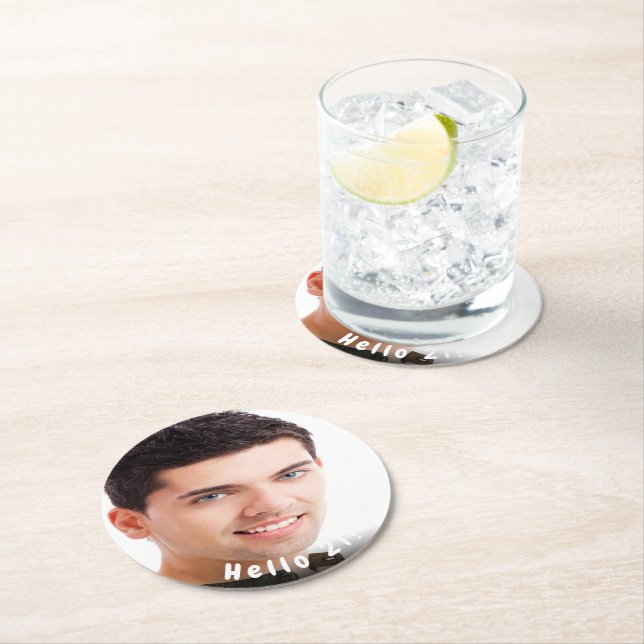21st birthday photo hello 21 for guys round paper coaster (Insitu)