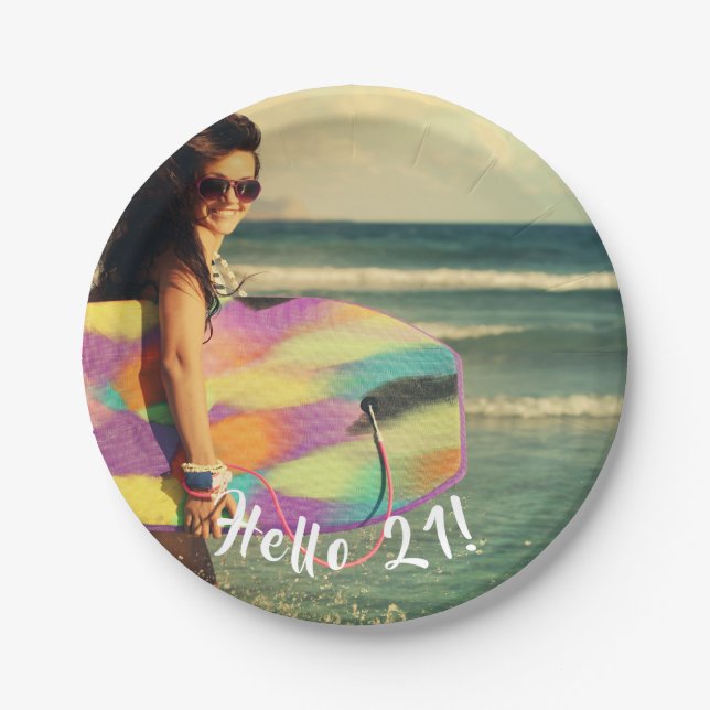 21st birthday photo hello 21 paper plate (Front)