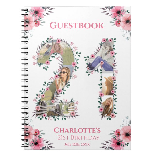 21st Birthday Photo Pink Flower White Guest Book (Front)