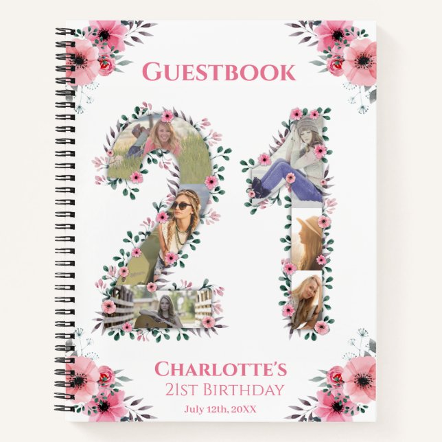 21st Birthday Photo Pink Flower White Guest Book (Front)