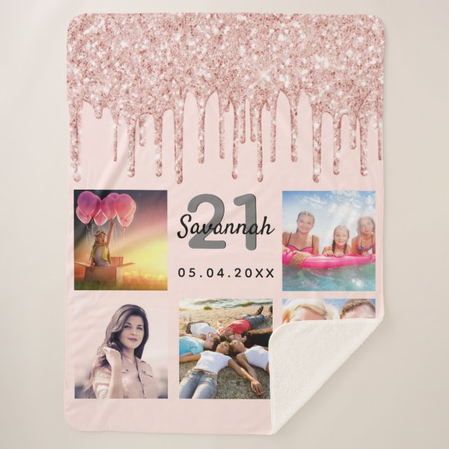 21st birthday photo rose gold blush pink name sherpa blanket (Front)