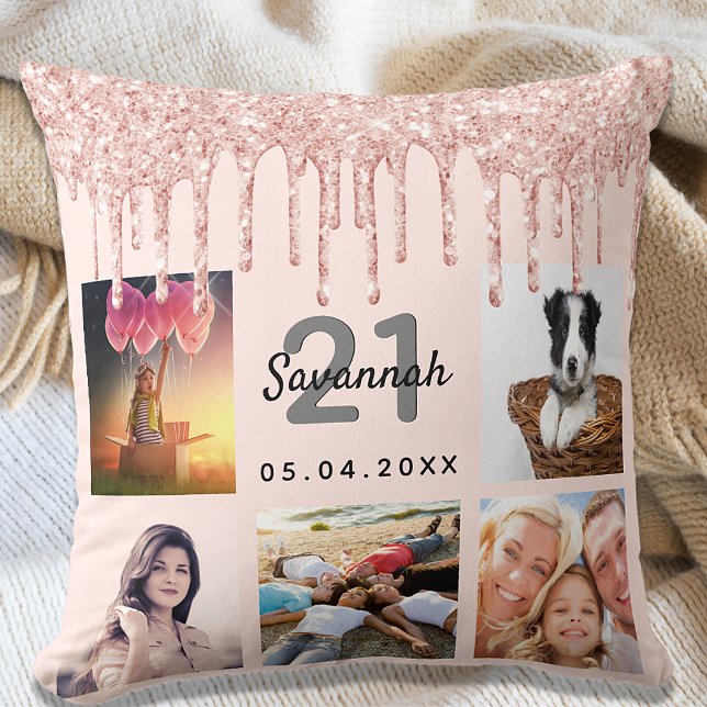 21st birthday photo rose gold glitter blush pink cushion (Creator Uploaded)