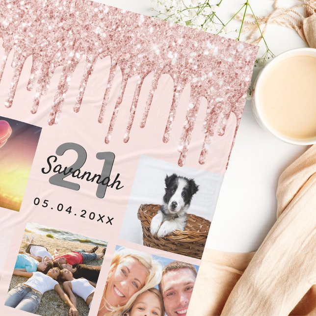 21st birthday photo rose gold glitter blush pink fleece blanket (Creator Uploaded)