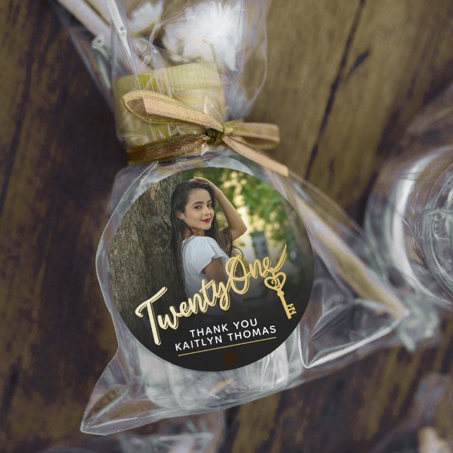 21st Birthday photo script gold effect 21 key Classic Round Sticker (Creator Uploaded)