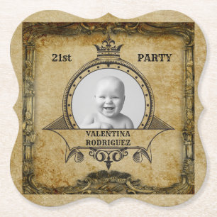 21st Birthday Photo Template Vintage Monogram  Paper Coaster