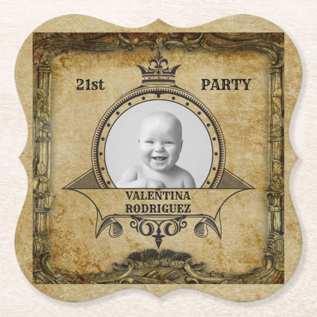 21st Birthday Photo Template Vintage Monogram  Paper Coaster (Front)