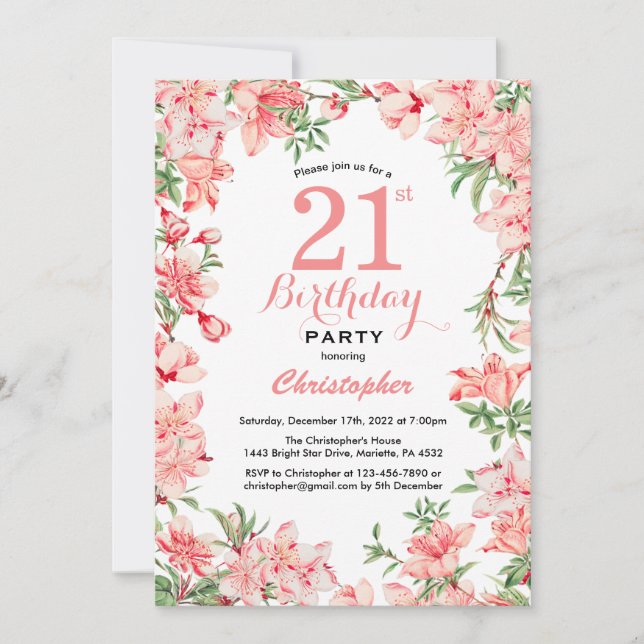 21st Birthday Pink Boho Botanical Floral Flowers Invitation (Front)