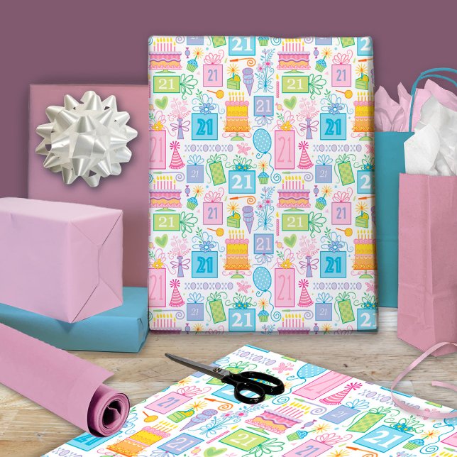 21st Birthday Pink Cake Presents Balloons  Wrapping Paper Sheet (Creator Uploaded)