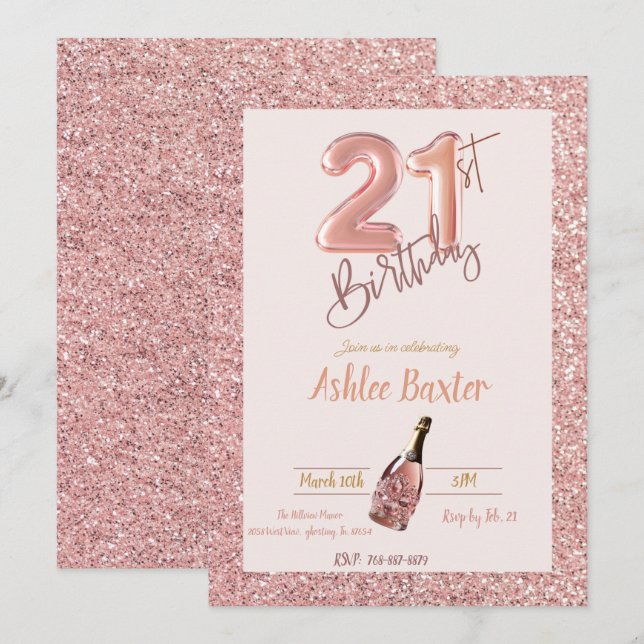 21st Birthday Pink Champange  Pink Glitter Invitation (Front/Back)