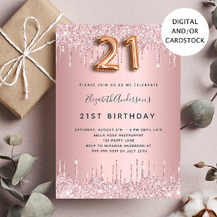 21st Birthday pink dusty rose glitter drips luxury Invitation