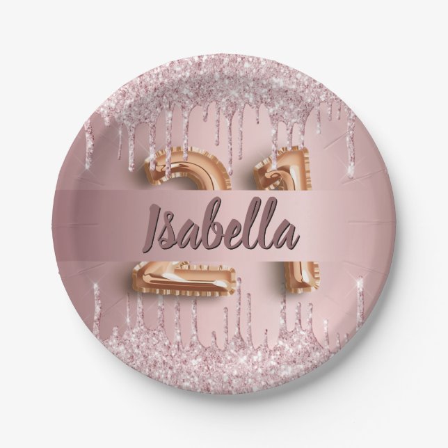 21st birthday pink dusty rose glitter monogram paper plate (Front)