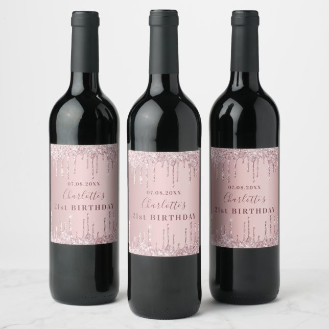 21st birthday pink dusty rose glitter monogram wine label (Bottles)