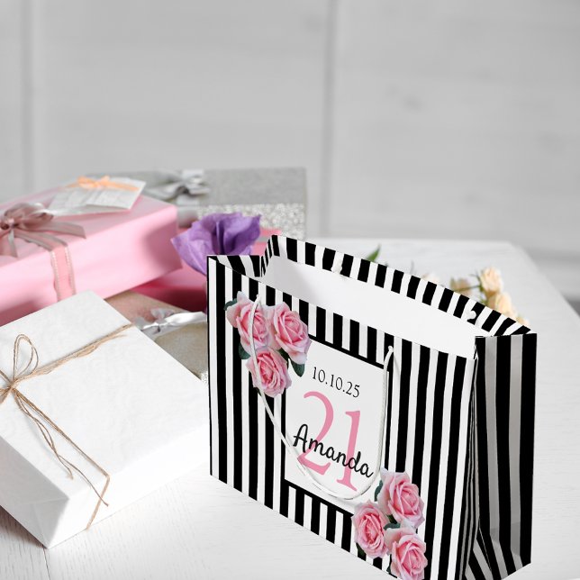 21st birthday pink floral black white stripes large gift bag (Creator Uploaded)