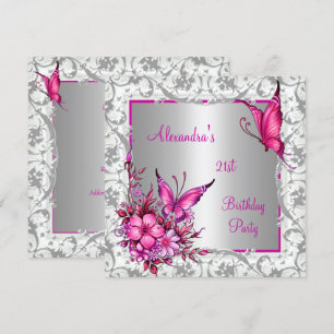 21st Birthday Pink Floral Butterfly Silver White Invitation