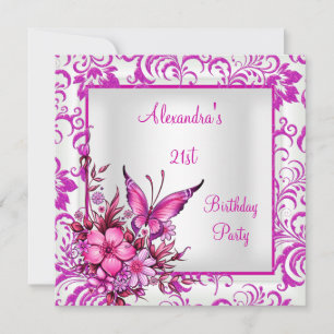 21st Birthday Pink Floral Butterfly Silver White Invitation