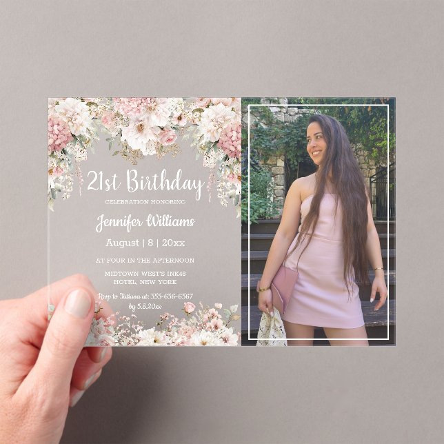  21st birthday pink floral photo party acrylic invitations (Insitu (Handheld))